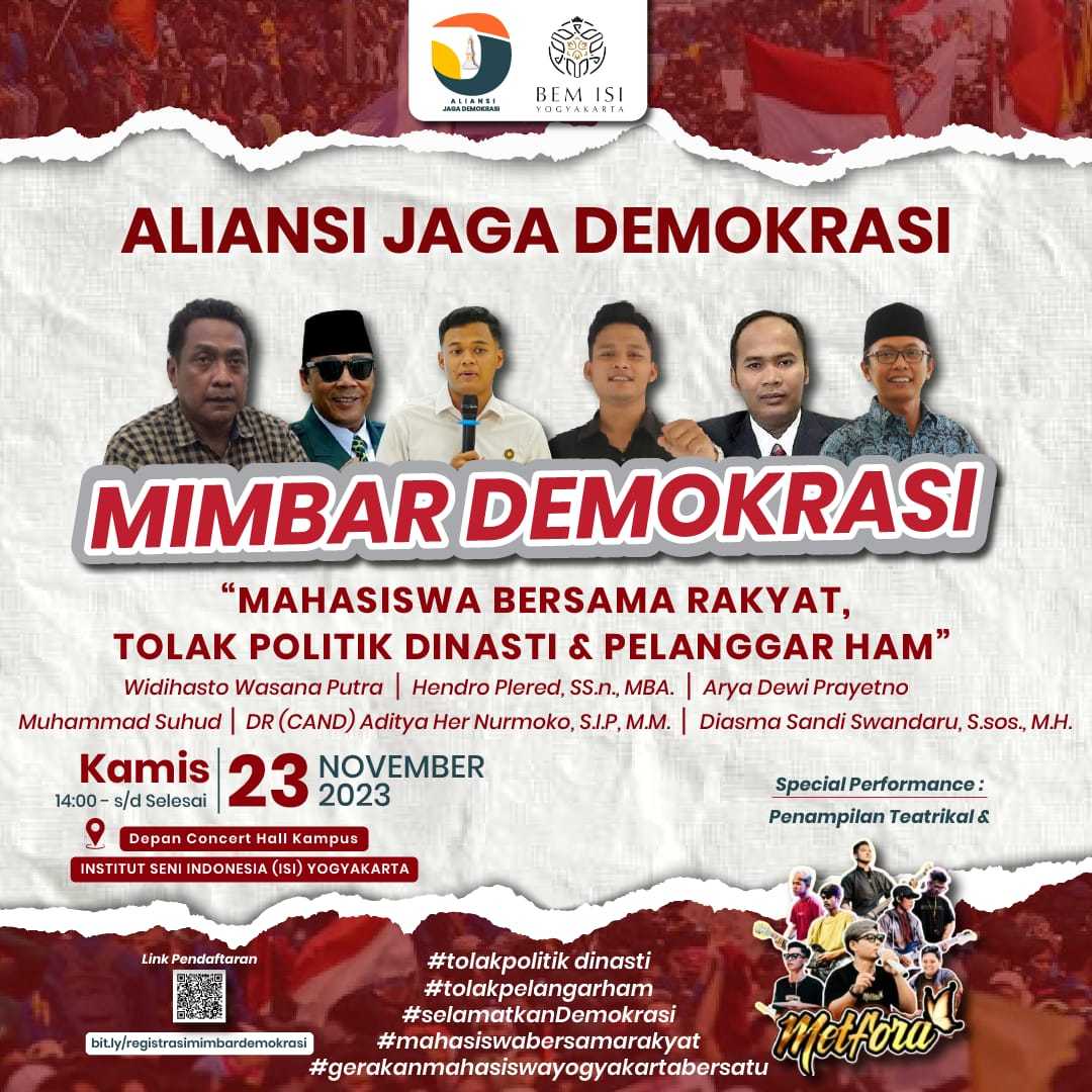 BEM DIY Aliansi Jaga Demokrasi Gelar Mimbar Demokrasi di Kampus ISI, Kamis 23 November: Mahasiswa Bersama Rakyat Tolak Politik Dinasti & Pelanggar HAM