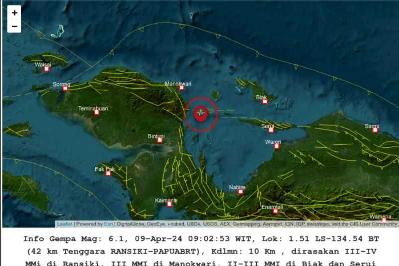 Gempa Berkekuatan 6,1 Terjadi di Ransiki, Manokwari Selatan