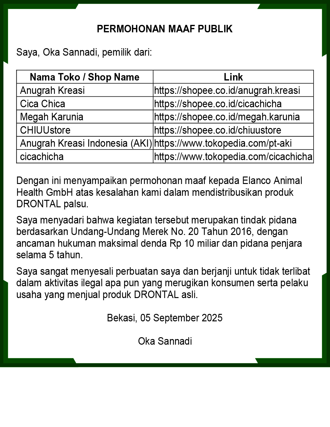 Permohonan Maaf Oka Sannadi - Elanco Drontal