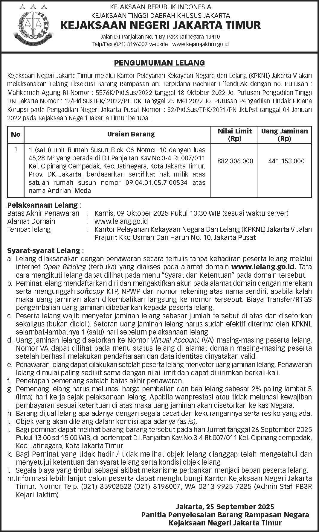 PENGUMUMAN LELANG KEJAKSAAN NEGERI JAKARTA TIMUR