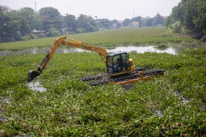 Berita Foto : Pembersihan eceng gondok di sungai Cimanuk