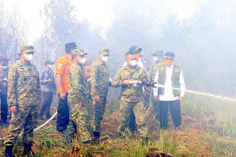 Berita Foto : Komandan Lanud Sjamsudin Noor Turun Langsung Padamkan Karhutla di Kalsel