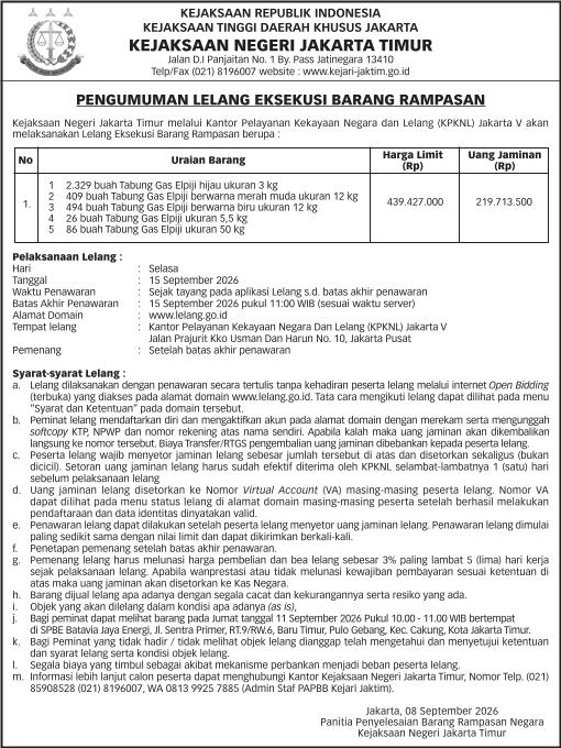 PENGUMUMAN LELANG EKSEKUSI BARANG RAMPASAN