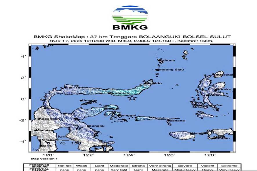 Gempa Tektonik Magnitudo 6,0 Mengguncang Sulut Senin Malam