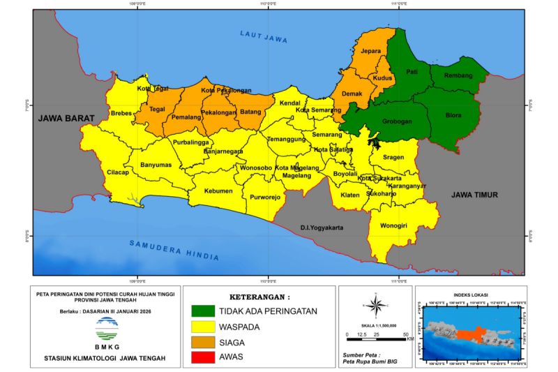 BMKG Tetapkan Status Siaga Hujan Lebat di Wilayah Pantura Jateng