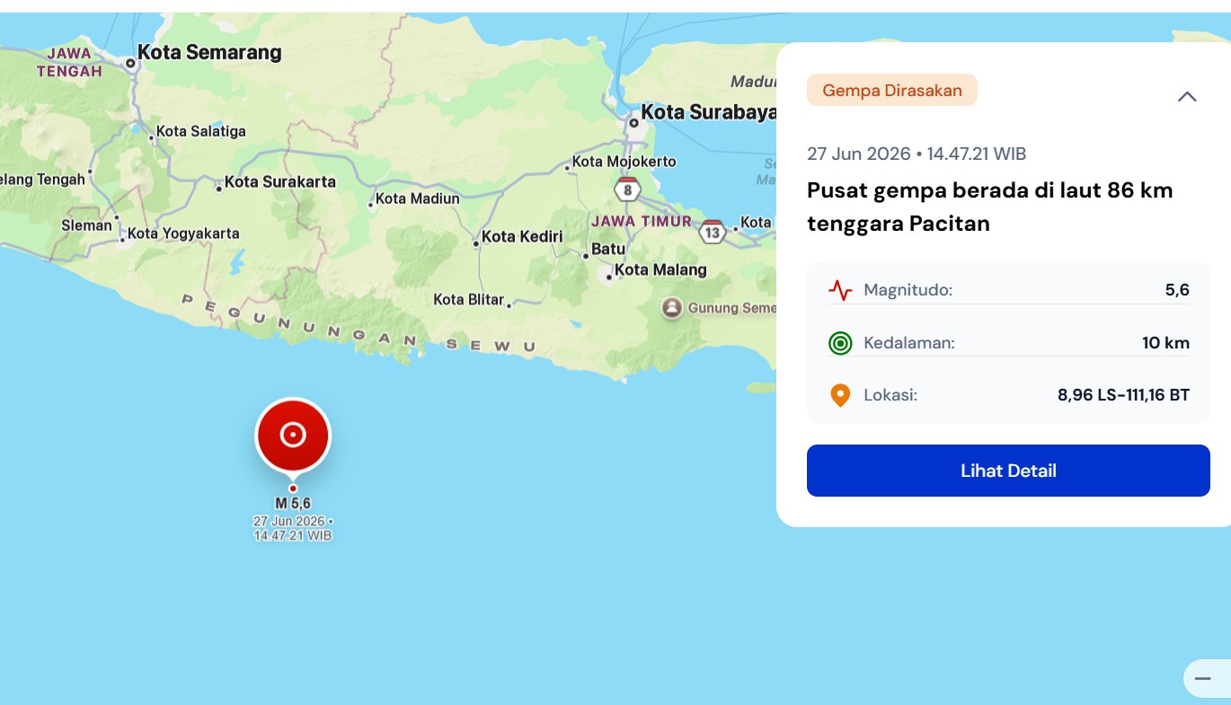 Gempa Bumi M5,6 Guncang Pacitan Jawa Timur, Tidak Berpotensi Tsunami