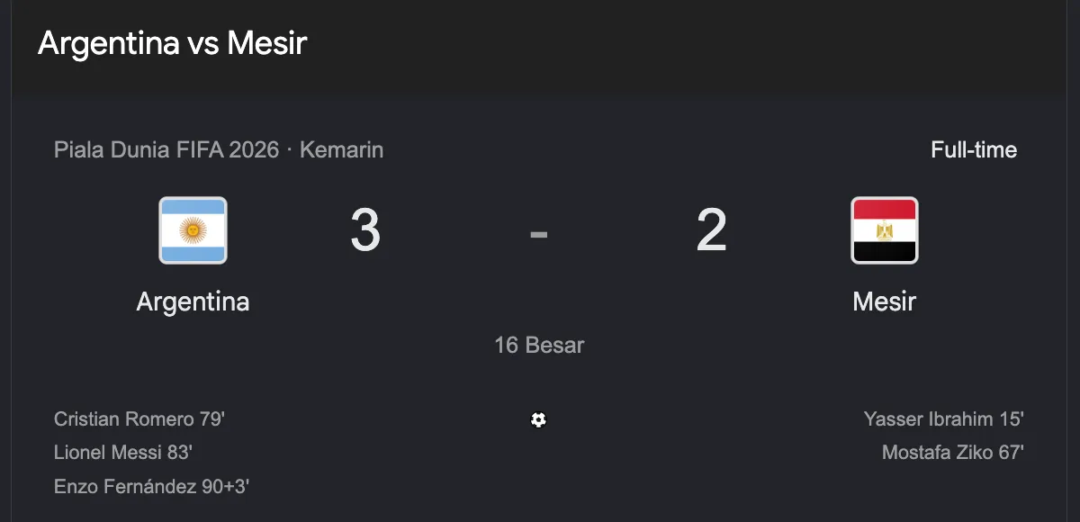 Argentina Vs Mesir: Argentina Unggul dan Menuju Babak 8 Besar