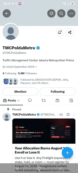 Akun X TMC Polda Metro Jaya Diretas, Publikasi Info Lalu Lintas Terganggu