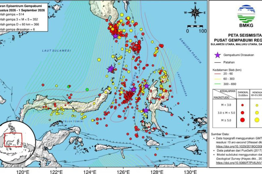 515 kali Gempa Tektonik  di Wilayah Sulawesi Utara pada Periode Agustus 2026