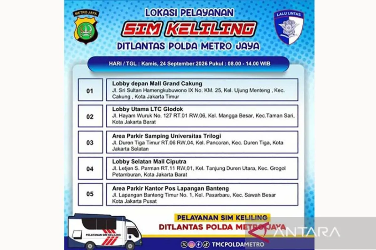 Ada 5 Titik Layanan SIM Keliling di Jakarta pada Jumat In...