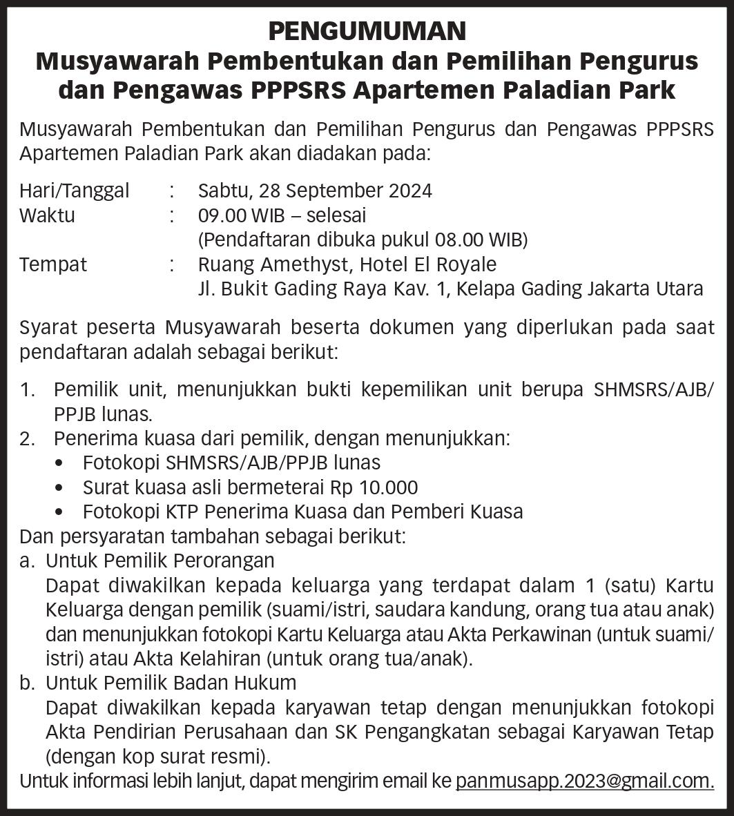 Pengumuman Musyarawah Pembentukan dan Pemilihan Pengurus dan Pengawas PPPSRS  Apartemen Paladian Park